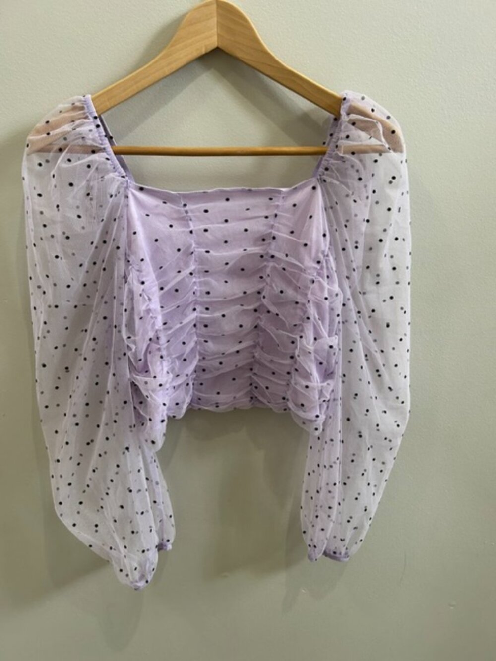 YaYa & Co. Lavender Polka Dot Mesh Balloon Sleeve Smocked Crop Top L